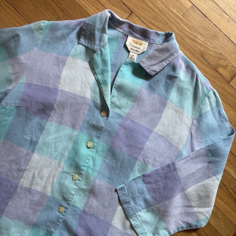 VTG Talbots Irish Linen Plaid Button Up Boxy Shirt Women's 10 Blue Purple 90s